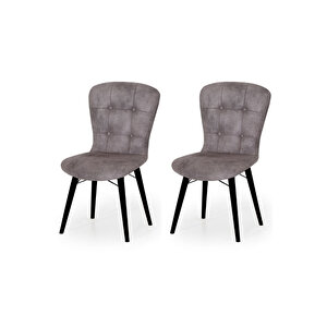 2 Adet Safir Serisi Nubuk Kumaş Siyah Ahşap Gürgen Ayaklı Mutfak Sandalyeleri