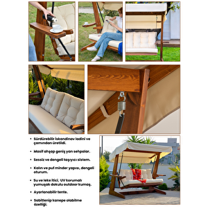 VİVA 2200 FSC Mix Credit 3 Kişilik Kanepe Olma Özellikli Ahşap Bahçe Balkon Teras Salıncağı/Krem