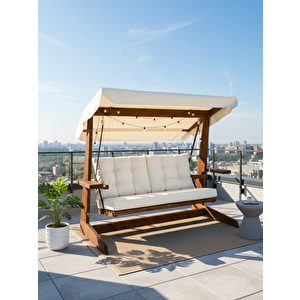 VİVA 2200 FSC Mix Credit 3 Kişilik Kanepe Olma Özellikli Ahşap Bahçe Balkon Teras Salıncağı/Krem