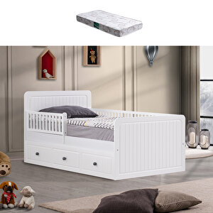 Lena Beyaz Yavrulu Korkuluklu Çocuk Karyolası + 1 Adet Comfort Yatak
