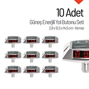 10'lu Set Kırmızı Güneş Enerjili Çakar Yol Butonu, Ankrajlı
