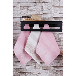 %100 Pamuk 3'lü 40x50 Misafir Havlu Seti Pembe- Krem