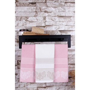 %100 Pamuk 3'lü 40x50 Misafir Havlu Seti Pembe- Krem