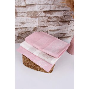 %100 Pamuk 3'lü 40x50 Misafir Havlu Seti Pembe- Krem