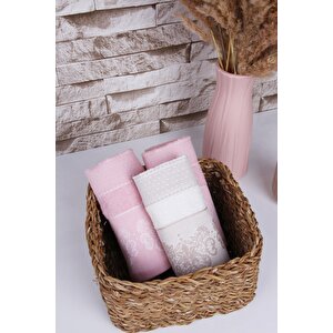 %100 Pamuk 3'lü 40x50 Misafir Havlu Seti Pembe- Krem