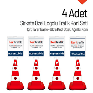 Şirkete Özel Logo Çift Taraf Baskı Ultra Kedi Gözlü Ağırlıklı Trafik Koni 4 Adet Trafik Dubası