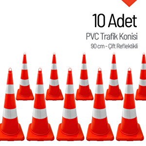 Pvc Trafik Konisi 90 Cm Çift Reflektikli 10 Adet Trafik Dubası