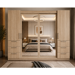 Bella Sürgü Kapaklı Dolap Gardırop Meşe 270cm Montaj Dahil