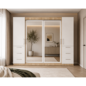Bella Sürgü Kapaklı Dolap Gardırop Meşe Beyaz 270cm Montaj Dahil