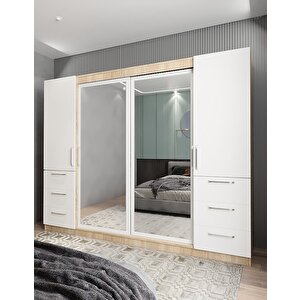 Bella Sürgü Kapaklı Dolap Gardırop Meşe Beyaz 270cm Montaj Dahil