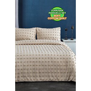 Pamuklu Emmy Yatak Örtüsü Seti Günlük Çift ( Taraflı ) Kişilik Boho 3 Parça Dolgulu Tufting Bej