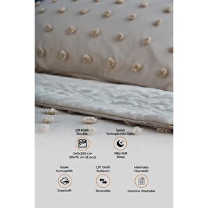 Pamuklu Emmy Yatak Örtüsü Seti Günlük Çift ( Taraflı ) Kişilik Boho 3 Parça Dolgulu Tufting Bej