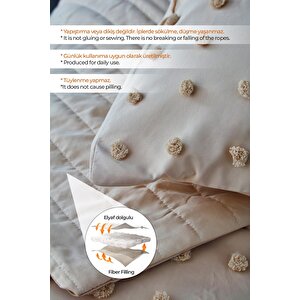 Pamuklu Emmy Yatak Örtüsü Seti Günlük Çift ( Taraflı ) Kişilik Boho 3 Parça Dolgulu Tufting Bej