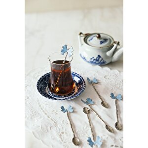 6'lı Şıklık İkonu Gümüş & Mavi Kelebek Desenli Dekoratif Çay Kaşığı Seti