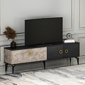 T0019 Zümrüt Alt Modül Tv Ünitesi Gordion Mermer/ahşap Siyah