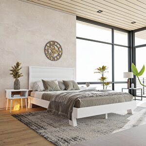 Hüma Model Beyaz Renk Çam Ahşap Karyola Ve İki Komodin Set ( Yatay )
