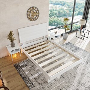 Hüma Model Beyaz Renk Çam Ahşap Karyola Ve İki Komodin Set ( Yatay )