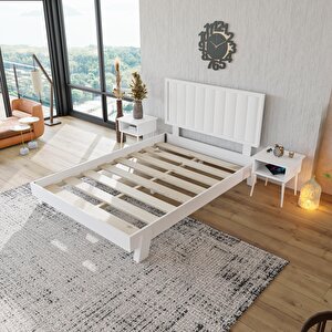 Hüma Model Beyaz Renk Çam Ahşap Karyola Ve İki Komodin Set ( Dikey )