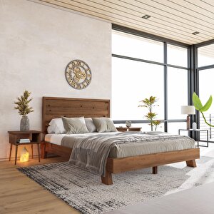 Hüma Model Ceviz Renk Çam Ahşap Karyola Ve İki Komodin Set ( Yatay ) 140x200 cm