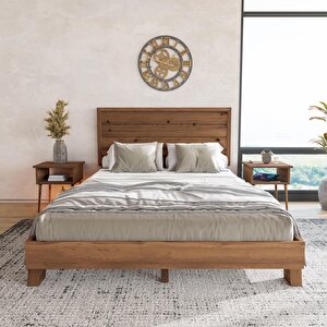 Hüma Model Ceviz Renk Çam Ahşap Karyola Ve İki Komodin Set ( Yatay ) 140x200 cm