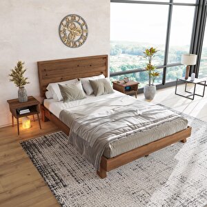 Hüma Model Ceviz Renk Çam Ahşap Karyola Ve İki Komodin Set ( Yatay )