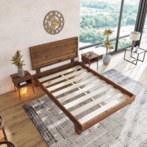 Hüma Model Ceviz Renk Çam Ahşap Karyola Ve İki Komodin Set ( Yatay )