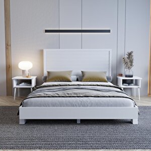 Alaz Model Beyaz Renk Çam Ahşap Karyola Ve İki Komodin Set ( Yatay ) 120x200 cm