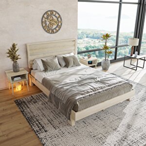 Hüma Model Doğal Çam Ahşap Karyola Ve İki Komodin Set ( Yatay )