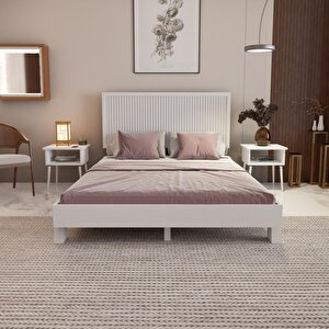 Alaz Model Beyaz Renk Çam Ahşap Karyola Ve İki Komodin Set ( Dikey ) 160x200 cm