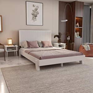 Alaz Model Beyaz Renk Çam Ahşap Karyola Ve İki Komodin Set ( Dikey ) 160x200 cm