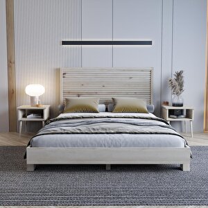 Alaz Model Vernikli Çam Ahşap Karyola Ve İki Komodin Set ( Yatay )