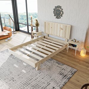 Hüma Model Doğal Çam Ahşap Karyola Ve İki Komodin Set ( Dikey )