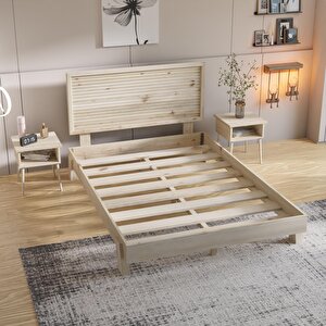 Ebruli Model Doğal Çam Ahşap Karyola Ve İki Komodin Set ( Yatay )