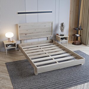 Alaz Model Doğal Çam Ahşap Karyola Ve İki Komodin Set ( Yatay )