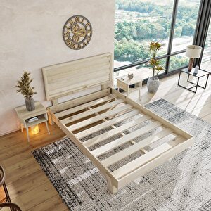 Hüma Model Vernikli Çam Ahşap Karyola Ve İki Komodin Set ( Yatay )