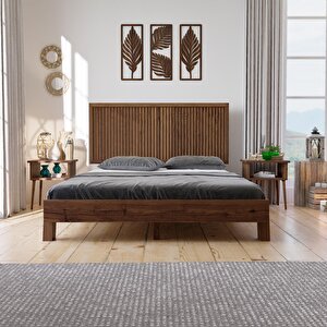 Ebruli Model Ceviz Renk Çam Ahşap Karyola Ve İki Komodin Set ( Dikey ) 120x200 cm