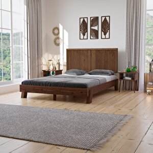 Ebruli Model Ceviz Renk Çam Ahşap Karyola Ve İki Komodin Set ( Dikey ) 120x200 cm