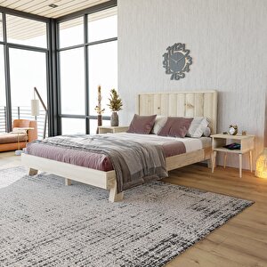 Hüma Model Vernikli Çam Ahşap Karyola Ve İki Komodin Set ( Dikey ) 100x200 cm