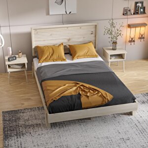 Ebruli Model Vernikli Çam Ahşap Karyola Ve İki Komodin Set ( Dikey )