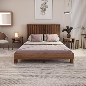 Alaz Model Ceviz Renk Çam Ahşap Karyola Ve İki Komodin Set ( Dikey )