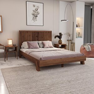 Alaz Model Ceviz Renk Çam Ahşap Karyola Ve İki Komodin Set ( Dikey )