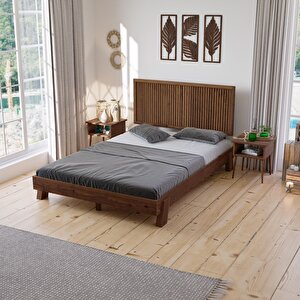 Ebruli Model Ceviz Renk Çam Ahşap Karyola Ve İki Komodin Set ( Dikey ) 140x200 cm
