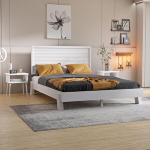 Ebruli Model Beyaz Renk Çam Ahşap Karyola Ve İki Komodin Set ( Yatay ) 140x200 cm