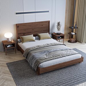 Alaz Model Ceviz Renk Çam Ahşap Karyola Ve İki Komodin Set ( Yatay )