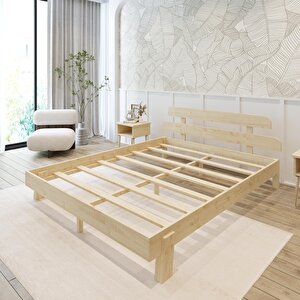 Lotus New Model Doğal Ahşap Karyola Ve İki Komodin Set 200x200 cm