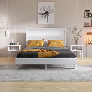 Ebruli Model Beyaz Renk Çam Ahşap Karyola Ve İki Komodin Set ( Yatay ) 120x200 cm