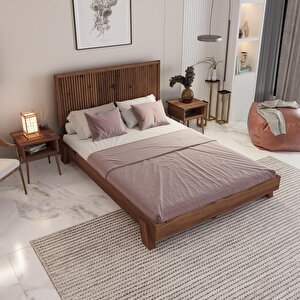 Alaz Model Ceviz Renk Çam Ahşap Karyola Ve İki Komodin Set ( Dikey ) 150x200 cm