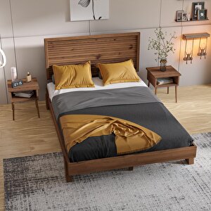 Ebruli Model Ceviz Renk Çam Ahşap Karyola Ve İki Komodin Set ( Yatay )