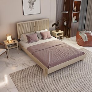 Alaz Model Vernikli Çam Ahşap Karyola Ve İki Komodin Set ( Dikey ) 150x200 cm