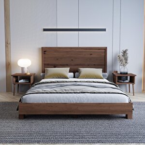 Alaz Model Ceviz Renk Çam Ahşap Karyola Ve İki Komodin Set ( Yatay ) 120x200 cm